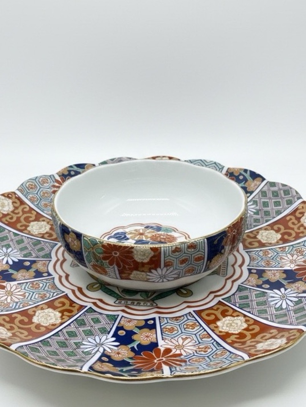 24k Gold Arita Imari Fan Japan Scalloped Serving Platter & Bowl Set Porcelain